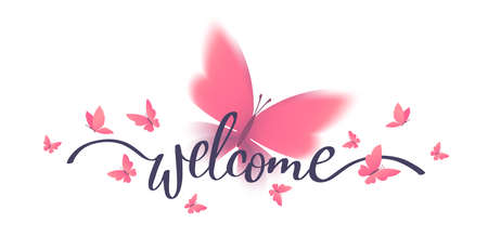 Vector illustration of beautiful red butterfly on white color background with word welcome. Template design with butterfly for web, site, banner, poster, print, greeting cardのイラスト素材