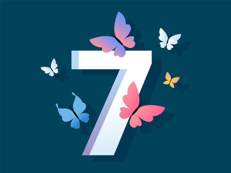 Vector illustration of beautiful bright butterfly with number seven on dark color background. Design with number 7 and butterfly for web, site, banner, poster, print, greeting cardのイラスト素材