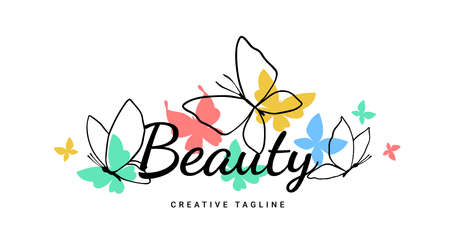 Vector illustration of beautiful line art butterfly on white color background with word beauty. Template design with butterfly for web, site, banner, poster, print, greeting cardのイラスト素材