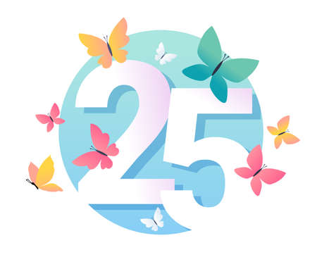 Vector illustration of beautiful bright butterfly with number twenty five on color background. Design with number 25 and butterfly for web, site, banner, poster, print, greeting cardのイラスト素材