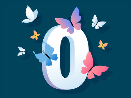 Vector illustration of beautiful bright butterfly with number zero on dark color background. Design with number 0 and butterfly for web, site, banner, poster, print, greeting cardのイラスト素材