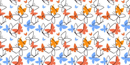 Colorful design of seamless pattern with line and flat butterfly for web, banner, print, textile, greeting card. Vector seamless pattern with beautiful butterfly on white color backgroundのイラスト素材