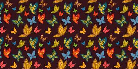 Colorful design of seamless pattern with line art butterfly for web, banner, print, textile, greeting card. Vector seamless pattern with beautiful butterfly on dark color backgroundのイラスト素材