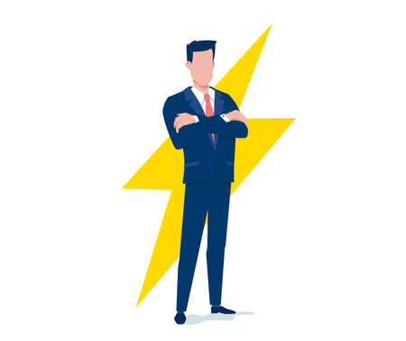 Vector business illustration of business man and yellow lightning on white color background. Flat style design of man with flash for banner, marketing posterのイラスト素材