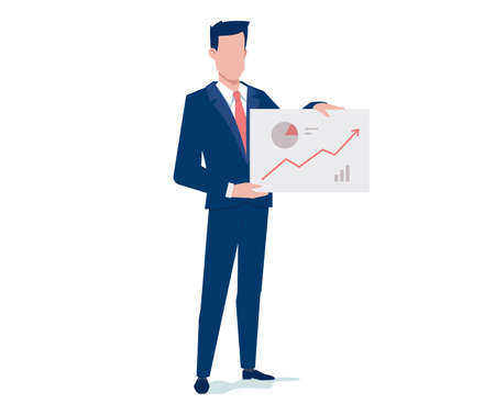 Vector business illustration of business man holding business graph on white color background. Flat style design of man with management diagram for banner, marketing posterのイラスト素材