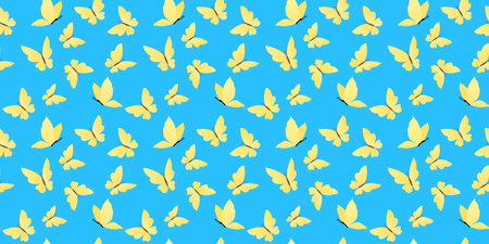 Vector seamless pattern with yellow beautiful butterfly on blue color background. Colorful design of seamless pattern with different butterfly for web, banner, print, textile, greeting cardのイラスト素材