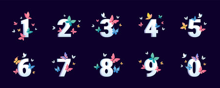 Vector illustration of beautiful bright butterfly with numbers set on dark color background. Design...