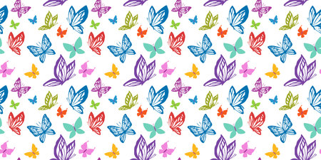 Colorful design of seamless pattern with line art butterfly for web, banner, print, textile, greeting card. Vector seamless pattern with beautiful butterfly on white color backgroundのイラスト素材