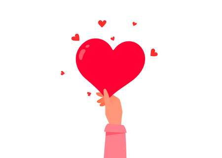 Vector Valentine's Day illustration on white color background. Sharing woman hand give red shape heart with word love. Flat style romantic design of love heart for Valentine's Day greeting card, holiday posterのイラスト素材