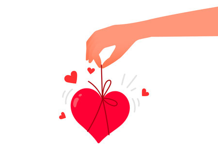 Vector Valentine's Day illustration on white color background. Human hand hold red shape heart with bow. Flat style romantic design of sharing love heart for Valentine's Day greeting card, holiday posterのイラスト素材