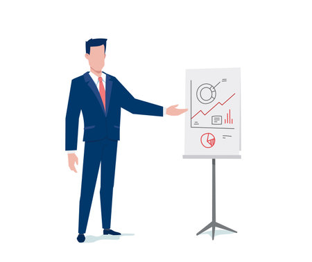 Vector business illustration of business man show business graph on white color background. Flat style design of man with management diagram for banner, marketing posterのイラスト素材