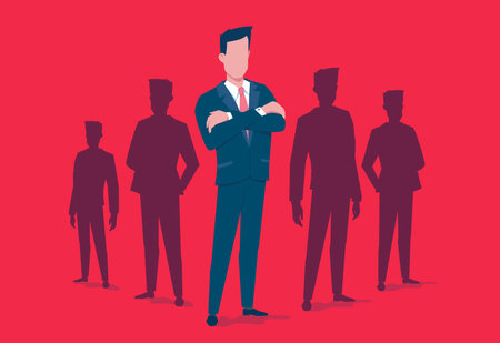 Vector business illustration of business team of man on red color background. Flat style design of super team manager for social media banner, marketing posterのイラスト素材