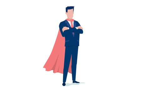 Vector business illustration of super business man in red cloak on white color background. Flat style design of hero man for banner, marketing posterのイラスト素材