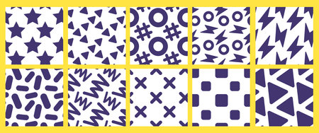 Vector set of simple illustration with black color circle, line, star and flash on white background. Flat style seamless pattern design with round and sharp shape for web, site, banner, print, textileのイラスト素材