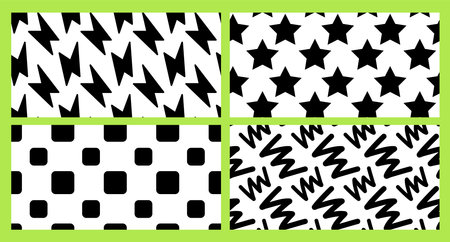 Vector set of simple illustration with black color line, star and flash on white background. Flat style seamless pattern design with round and sharp shape for web, site, banner, print, textileのイラスト素材