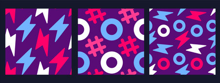 Vector set of simple illustration with bright color circle and flash on purple background. Flat style seamless pattern design with round and sharp shape for web, site, banner, print, textileのイラスト素材