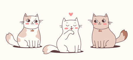 Vector illustration of happy cat character on light color background. Flat line art style romantic design of sitting and cleaning cute animal cat for web, greeting card, bannerのイラスト素材