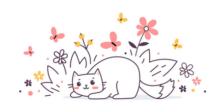 Vector illustration of happy cute laying cat character and flower on white color background. Flat line art style design of romantic animal cat for web, greeting card, bannerのイラスト素材