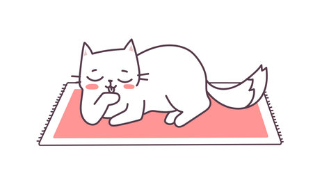 Vector illustration of lying happy cat character on red carpet on white color background. Flat line art style design of cleaning and relaxing cute animal cat for web, greeting card, bannerのイラスト素材