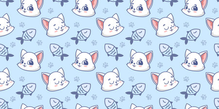 Vector illustration of happy cute cat and fish on blue color background. Flat line art style design of seamless pattern with animal cat and fish for web, site, banner, poster, child cardのイラスト素材