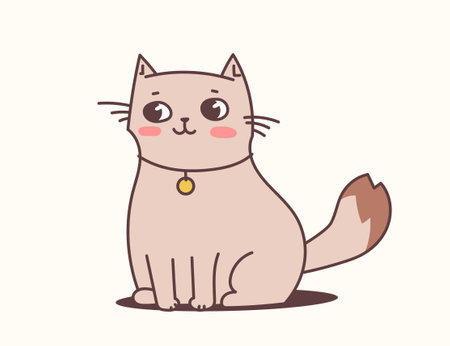 Vector illustration of happy cute cat character in collar on light color background. Flat line art style design of sitting animal cat for web, greeting card, bannerのイラスト素材
