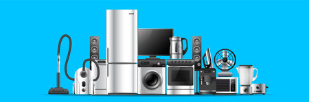 Vector illustration of realistic silver color different appliance on blue background. 3d style shine appliance collection design for web, site, banner, print, posterのイラスト素材