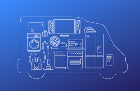 Vector illustration of delivery van shape with white color different appliance on blue background. Line art style design home appliance collection for web, site, banner, print, posterのイラスト素材