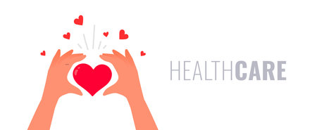 Vector kindness donation and charity illustration with red shape heart on white color background. Hand with heart form and text. Flat style romantic design of sharing love for Valentine's Day greeting card, posterのイラスト素材