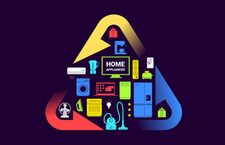 Vector illustration of recycle sign with color different appliance on dark background. Flat line art style design eco friendly home appliance set for web, site, banner, print, posterのイラスト素材
