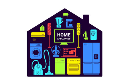 Vector illustration of house shape with color different appliance on white background. Line art style design home appliance collection for web, site, banner, print, posterのイラスト素材