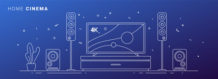 Vector illustration of home cinema on blue background. White line art style appliance collection design of tv set for web, site, banner, print, posterのイラスト素材