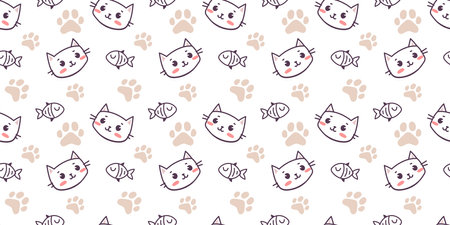 Vector illustration of happy cute cat character with fish on white color background. Flat line art style design of seamless pattern with animal cat and paw print for web, site, banner, poster, child cardのイラスト素材