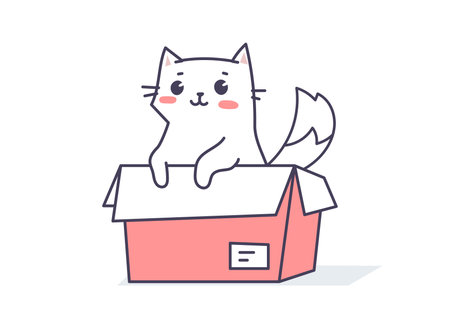 Vector illustration of happy cat character in box on white color background. Flat line art style design of cute animal cat for web, greeting card, bannerのイラスト素材