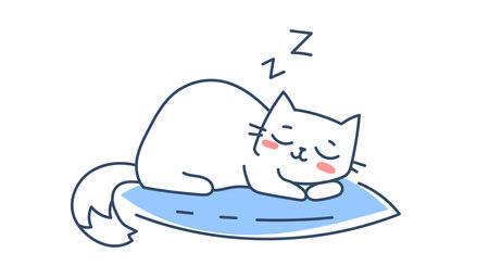 Vector illustration of lying happy cat character on blue pillow on white color background. Flat line art style design of sleeping and relaxing cute animal cat for web, greeting card, bannerのイラスト素材