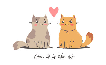 Vector illustration of happy enamored cat character together on white color background. Flat line art style romantic design of sitting cute animal cat with heart and quote for web, greeting card, bannerのイラスト素材