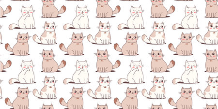 Vector seamless pattern with happy cute different cat character on white color background. Flat line art style design of seamless pattern with animal cat for web, greeting card, banner, wrapping paperのイラスト素材