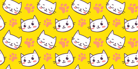 Vector illustration of happy cute cat character with paw print on yellow color background. Flat line art style design of seamless pattern with animal cat for web, site, banner, poster, child cardのイラスト素材