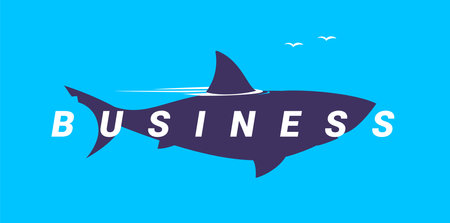 Vector business illustration of silhouette of fish shark on blue water background with word business. Flat style design of dangerous fish shark swimming in the sea for web, site, banner, poster, stickerのイラスト素材