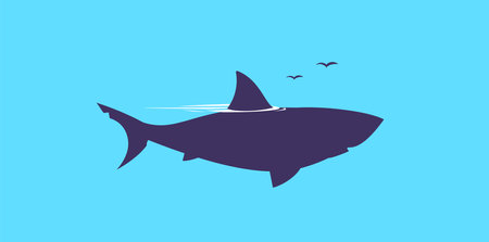 Vector illustration of silhouette of fish shark on blue water background. Flat style design of dangerous fish shark swimming in the sea for web, site, banner, poster, stickerのイラスト素材