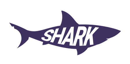 Vector illustration of silhouette of fish shark on white background with word shark. Flat style design of dangerous fish for web, site, banner, poster, stickerのイラスト素材