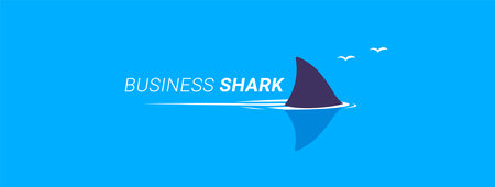 Vector business illustration of fish shark on blue water background with word. Flat style design of dangerous fish shark fin swimming in the sea for web, site, banner, poster, stickerのイラスト素材