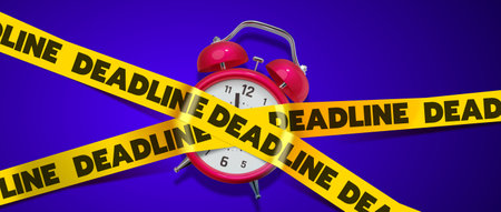 3d illustration of red retro alarm clock with arrow and crossed yellow ribbon with word deadline on blue color backgroundの写真素材
