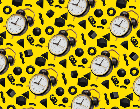 3d pattern of black retro alarm clock with arrow and abstract element on yellow color backgroundの写真素材