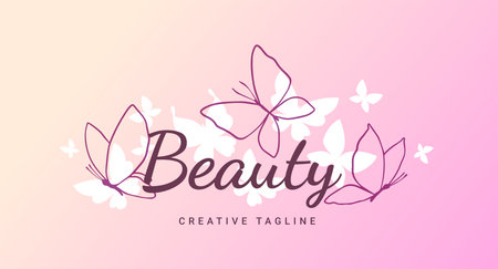 Vector illustration of beautiful line art butterfly on pink color background with word beauty. Template design with butterfly for web, site, banner, poster, print, greeting cardのイラスト素材