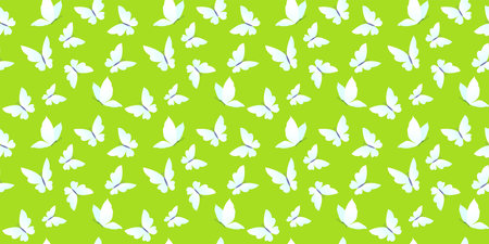 Vector seamless pattern with white beautiful butterfly on green color background. Colorful design of seamless pattern with different butterfly for web, banner, print, textile, greeting cardのイラスト素材