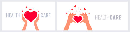 Vector set of kindness donation illustration with people hand and red shape heart on white color background. Hand hold heart with word healthcare. Flat style romantic design of sharing love for card, poster, bannerのイラスト素材