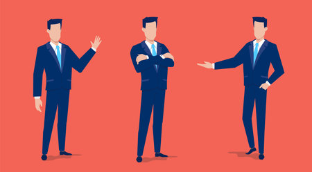 Vector set of business illustration of standing business man in a tie in different pose on red color background. Flat style design of man manager for social media banner, marketing posterのイラスト素材