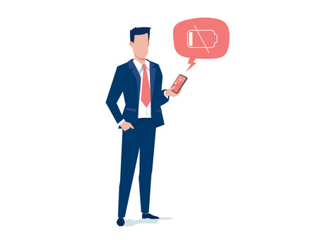 Vector business illustration of business man and phone with dead battery on white color background. Flat style design of man with speech bubble for banner, marketing posterのイラスト素材