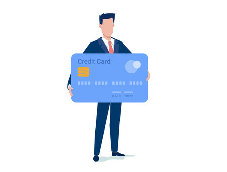 Vector business illustration of business man and bank credit card on white color background. Flat style design of man for banner, marketing posterのイラスト素材