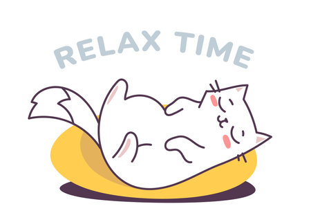 Vector illustration of lying happy cat character on yellow pillow on white color background with text. Flat line art style design of relaxing sleeping cute animal cat for web, greeting card, bannerのイラスト素材